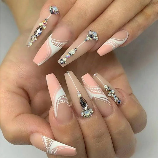 Elegant Bridal Long Coffin Pink Press On Nails with Rhinestone Accents and Artistic Swirls