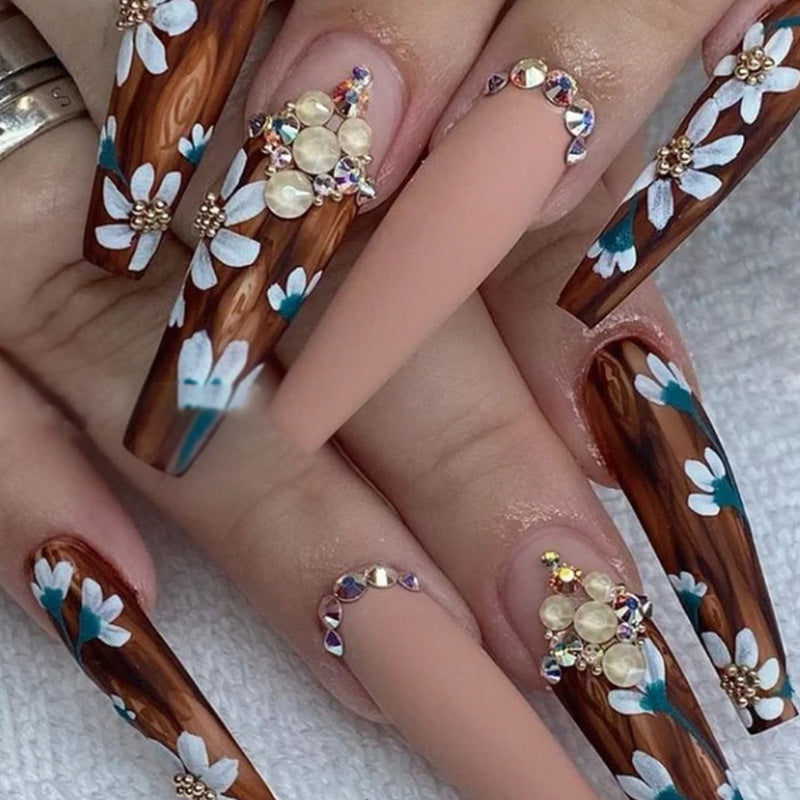 Woodland Fantasy Extra-Long Coffin Brown and Pink Floral Press On Nails with Rhinestone Accents