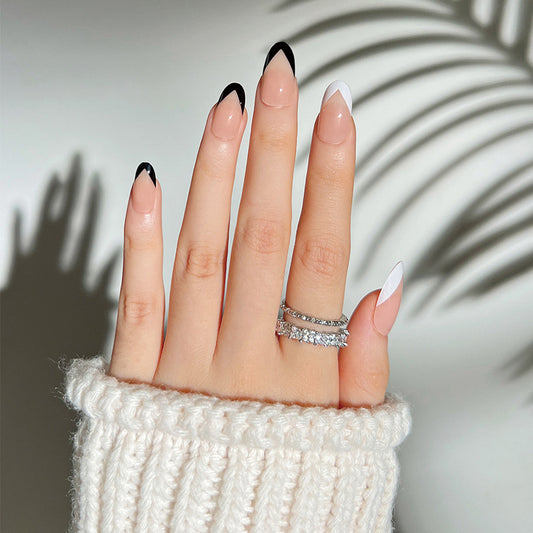 Elegant Monochrome Long Oval-Shaped Press On Nail Set with Dual-Tone French Tip Design in Black and White