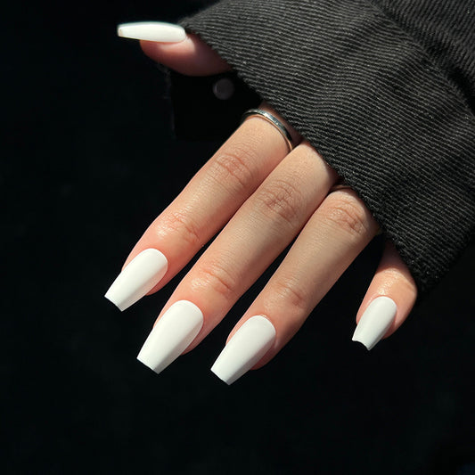 Elegant Evening Medium Coffin White Press On Nail Set with Seamless French Tip Design