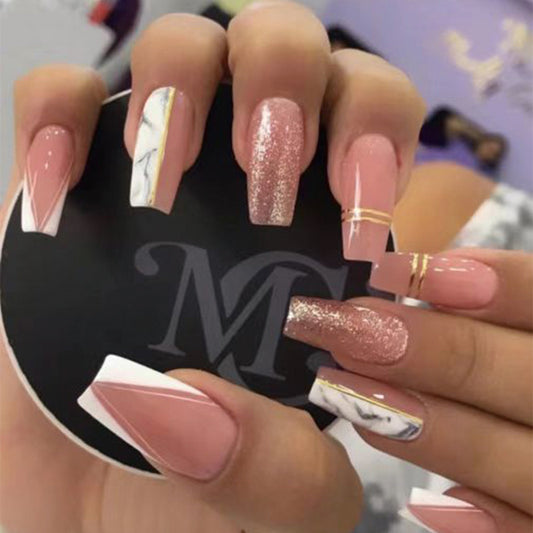 Elegant Marble Accent Long Square Pink Glitter Press On Nail Set with Gold Strip Detail