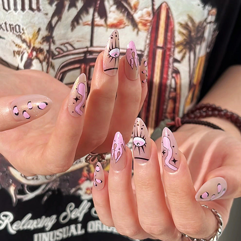 Mystic Gaze Long Almond Pink Press On Nails with Eye-Catching Designs