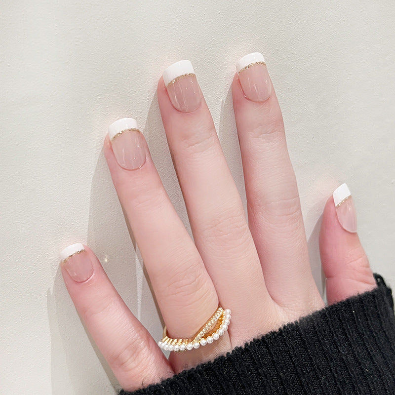 Elegant Bridal Short Squoval French Tip White Press On Nail Set with Gold Accent Detail