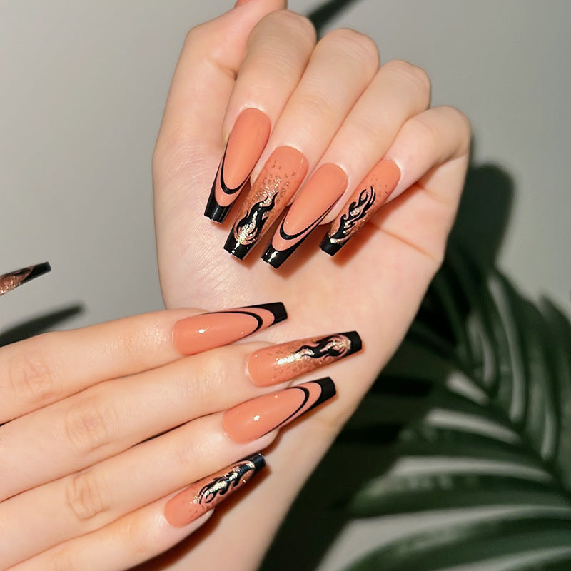 Glamourous Flame Long Coffin Black and Peach Press On Nail Set with Gold Foil Accents