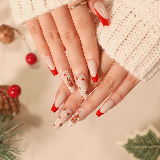 Festive Holiday Glamour Medium Coffin Red and White Press On Nail Set with Christmas Tree and Star Accents