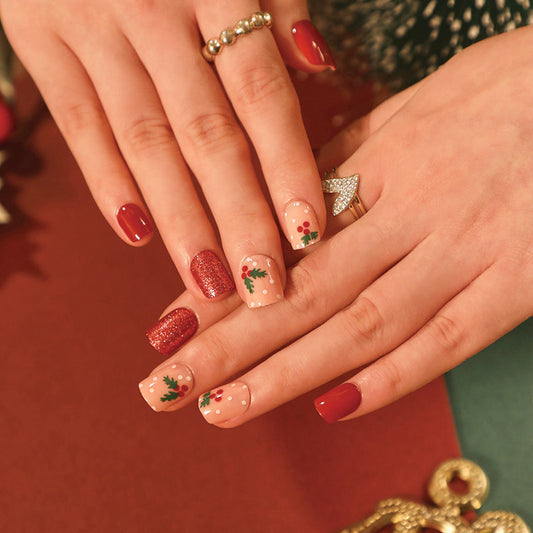 Festive Spirit Short Length Square Press On Nails with Red Glitter and Beige Floral Accents