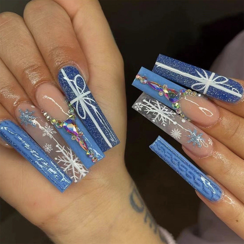 Winter Wonderland Long Square Blue Press On Nails with Glitter Accents and Snowflake Charms