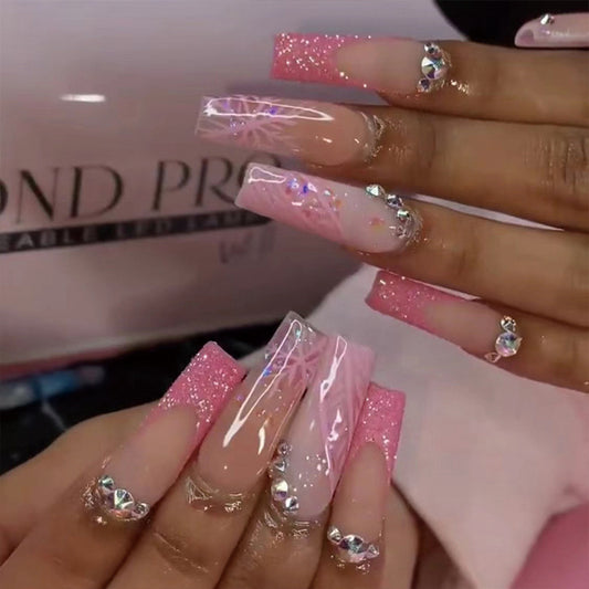 Enchanted Pink Sparkle Long Coffin Press On Nail Set with Rhinestone Accents and Holographic Flakes