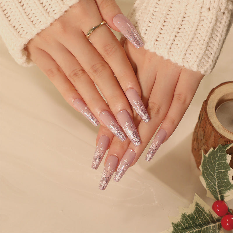 Enchanted Winter Lavender Long Coffin Glitter Snowflake Press On Nail Set