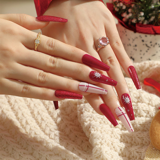 Winter Elegance Long Stiletto Burgundy Press On Nail Set with Glitter Accent and Snowflake Designs