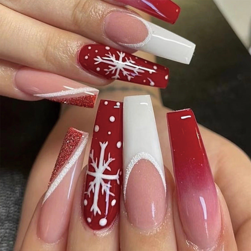 Winter Wonderland Long Coffin Red and White Glitter Accents Snowflake Press On Nail Set