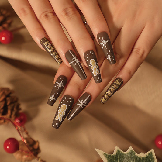 Gingerbread House Long Coffin Brown Holiday Press On Nails