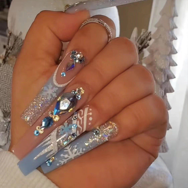 Winter Wonderland Long Coffin Light Blue Press On Nail Set with Glitter Accents and Rhinestone Embellishments