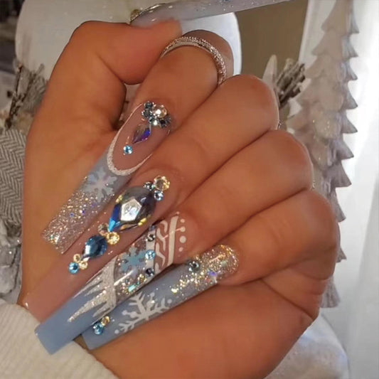 Winter Wonderland Long Coffin Light Blue Press On Nail Set with Glitter Accents and Rhinestone Embellishments