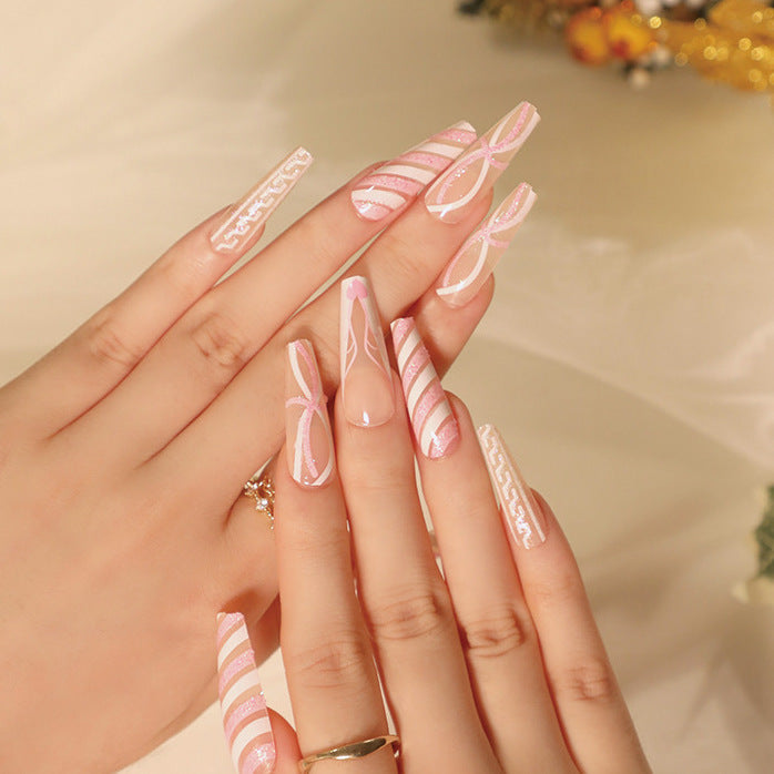 Enchanted Elegance Extra-Long Coffin Pink Glitter Stripe Press On Nail Set with 3D Bow Accents