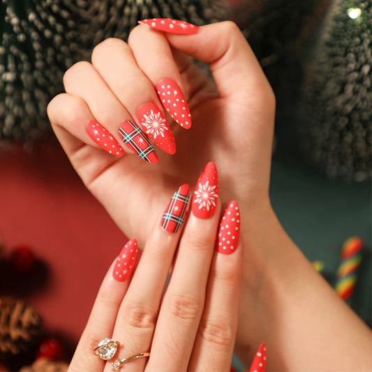 Festive Holiday Elegance Medium Almond Red Press On Nail Set with Plaid and Floral Accents