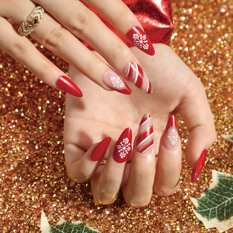 Festive Elegance Medium Almond Red and Gold Press On Nail Set with Snowflake Accents