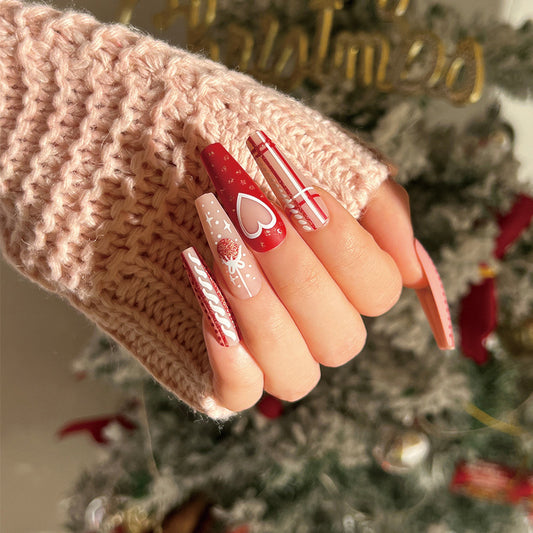 Winter Wonderland Long Coffin Red and White Press On Nail Set with Rhinestone Accents