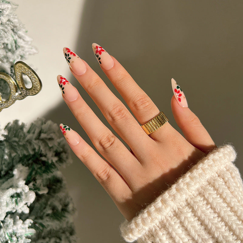 Holly Jolly Festive Long Almond Beige Press On Nail Set with Red and Green Holiday Detailing