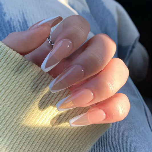 Gel Pressed Long Coffin White French Tips Press On Nails