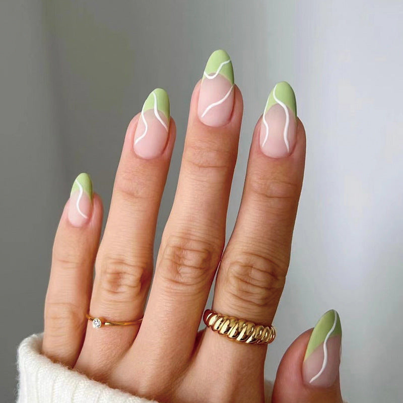 Springtime Elegance Long Almond-Shaped Green and White Swirl Press On Nail Set