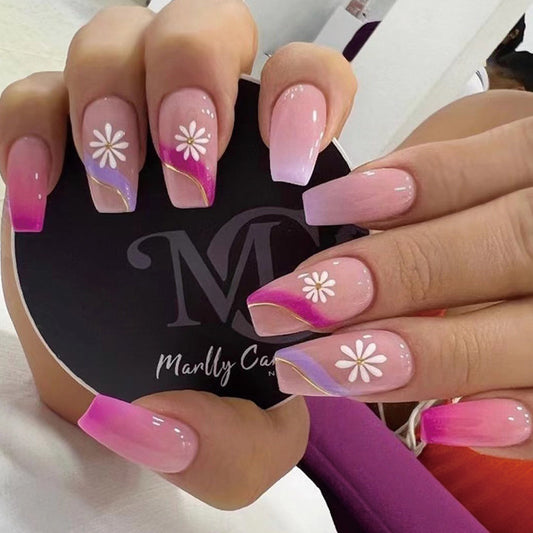 Spring Blossom Medium Coffin Ombre Pink Press-On Nails with White Daisy Accents