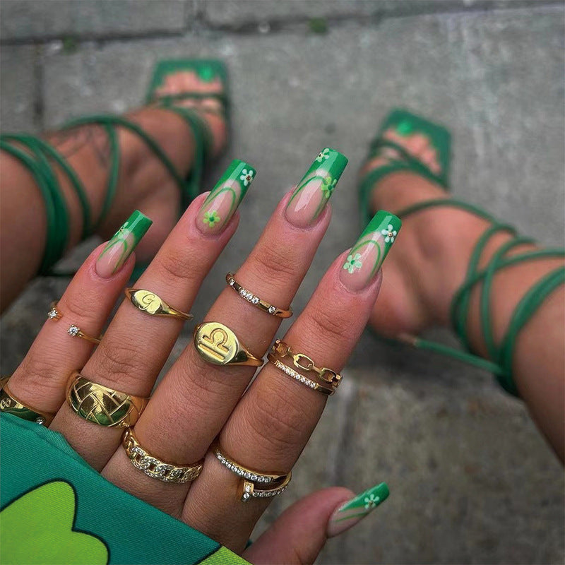 Emerald Elegance Long Coffin Green Press On Nail Set with Clover Accents