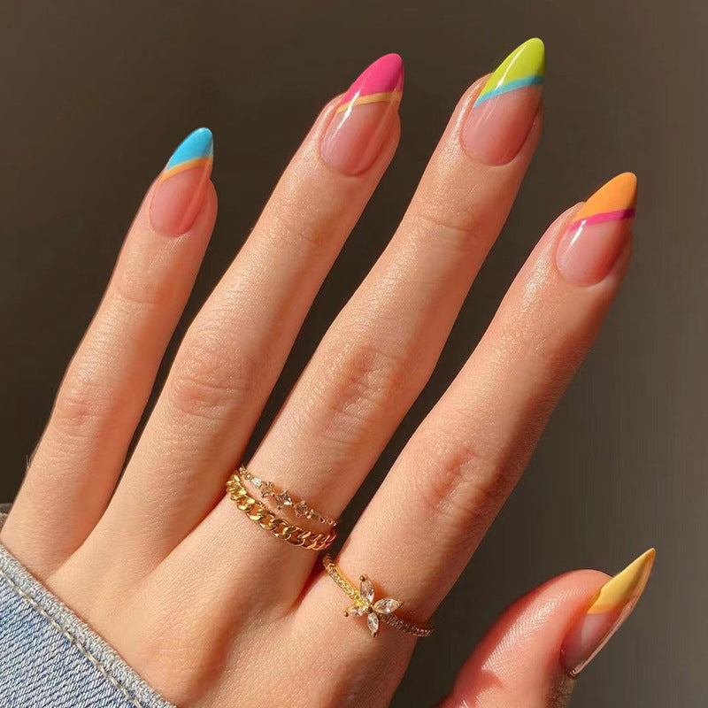 Summer Sorbet Short Almond Multicolor Rainbow Swirl Press On Nail Set