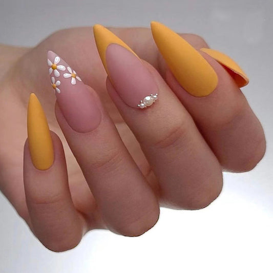 Sunshine Elegance Long Stiletto Mustard Yellow Press On Nail Set with Pearl Accents