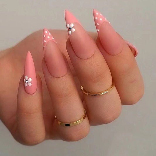 Spring Blossom Long Stiletto Pale Pink Press On Nails with Floral Accents and Polka Dot Charm