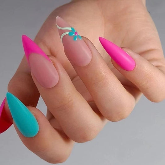 Tropical Escape Extra Long Stiletto Press On Nails in Vibrant Pink and Teal with Accent Crystal Feature