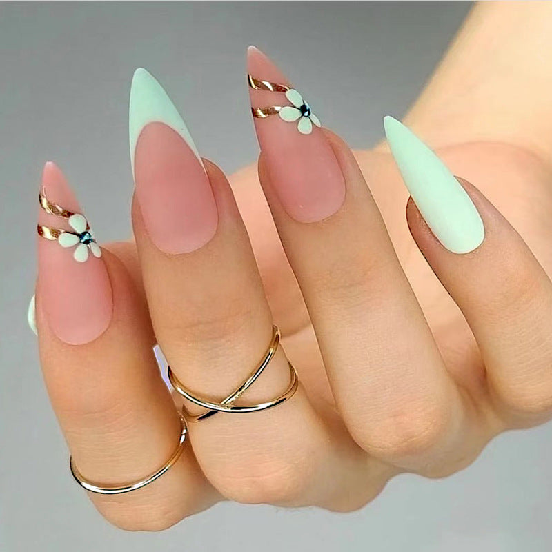 Summer Breeze Long Stiletto Matte Pastel Ombre Press On Nails with Floral Accents