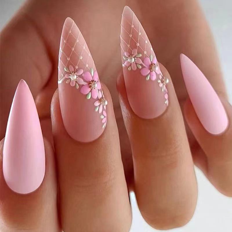 Vine Blossoms Medium Stiletto Pink Floral Press On Nails