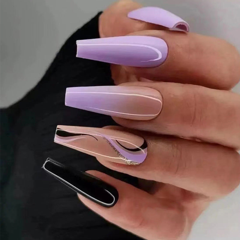 Elegant Evening Long Coffin Gradient Purple Press On Nail Set with Glitter Accent