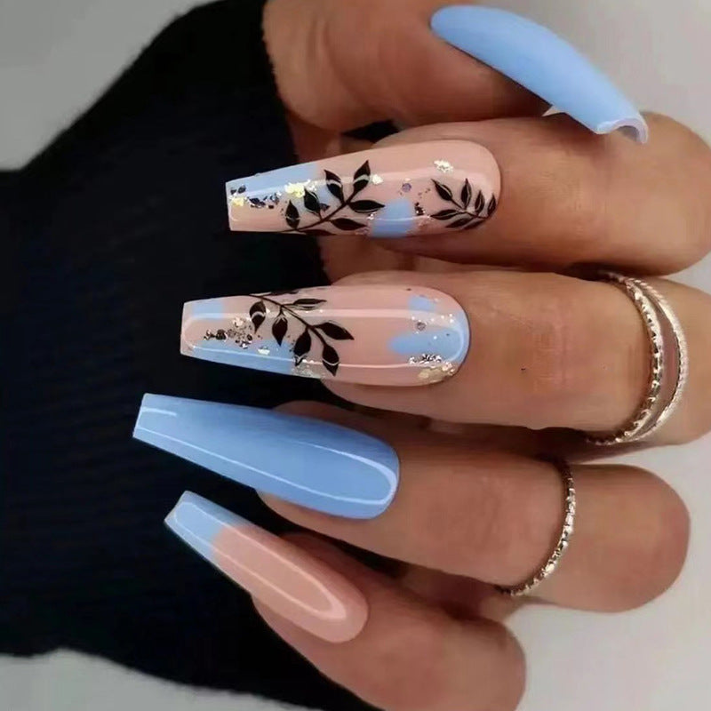 Elegant Floral Oasis Long Coffin Pastel Blue and Pink Press On Nails with Rhinestone Accents