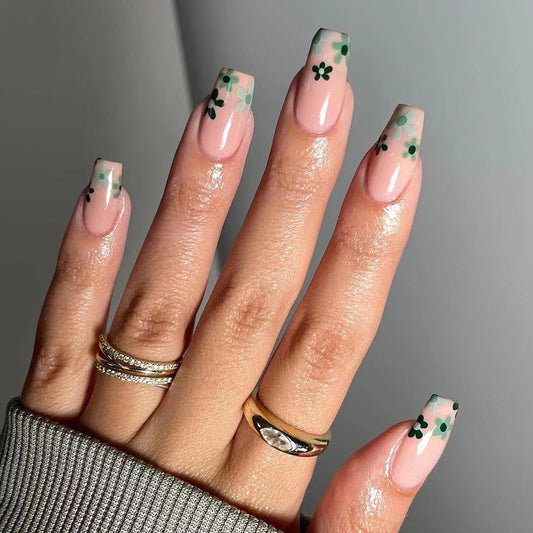 Lucky Charm Long Square Pink Press On Nails with Clover Accents - Elegant and Festive False Nail Set