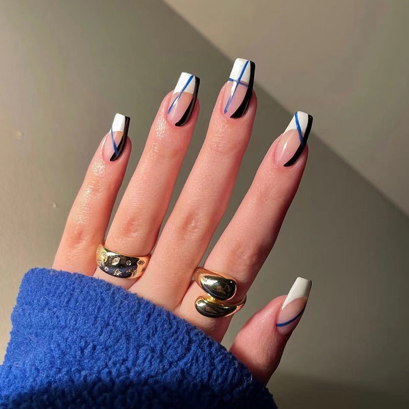 Modern Geometry Long Coffin Beige Nail Set with Blue Black Accents and Abstract Design