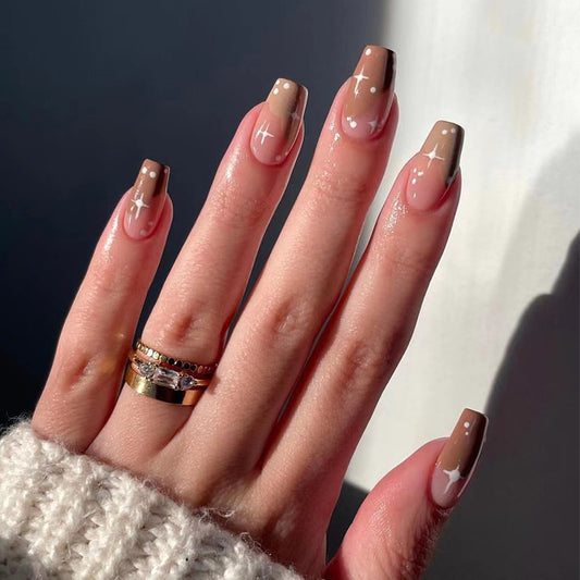 Starry Chic Medium Coffin Brown Press On Nails with Sparkling Constellation Accents