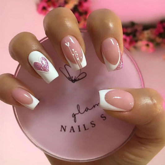 Enchanted Romance Medium Square Pink and White Press On Nail Set with Glitter Accent