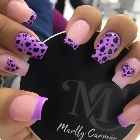 Loving Cows Long Square Pink Animal Pattern Press On Nails