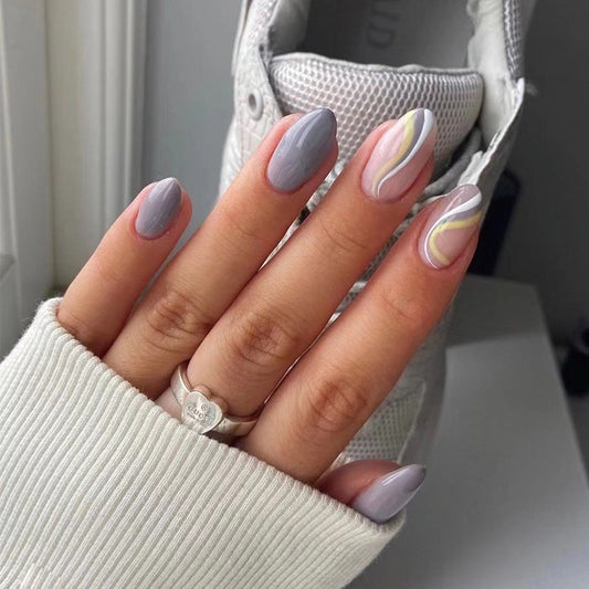 Elegant Marble Elegance Short Almond Gray Press On Nail Set with Swirl Accents