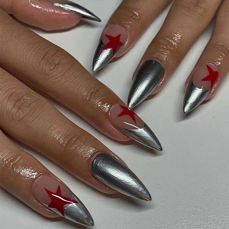 Stellar Chrome Medium Stiletto Silver Press On Nail Set with Red Star Accents