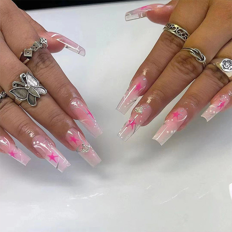 Enchanted Garden Extra Long Coffin Pink Floral Press On Nail Set with Glitter Accents