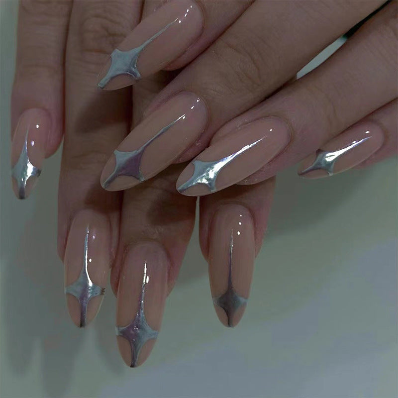 Galactic Glamour Long Oval Silver Chrome Tip Beige Press On Nail Set with Reflective Star Accents