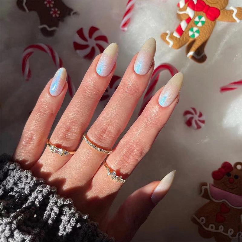 Winter Wonderland Long Almond Beige Iridescent Press On Nail Set with Holographic Sheen