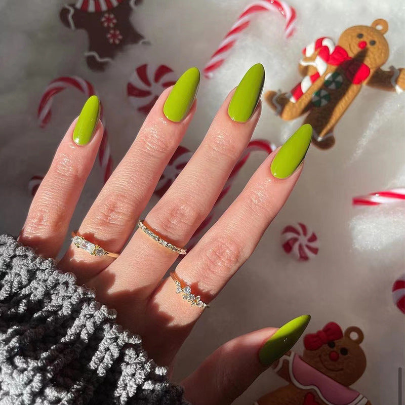 Candy Cane Crush Long Almond Vibrant Green Press On Nail Set with Glossy Finish