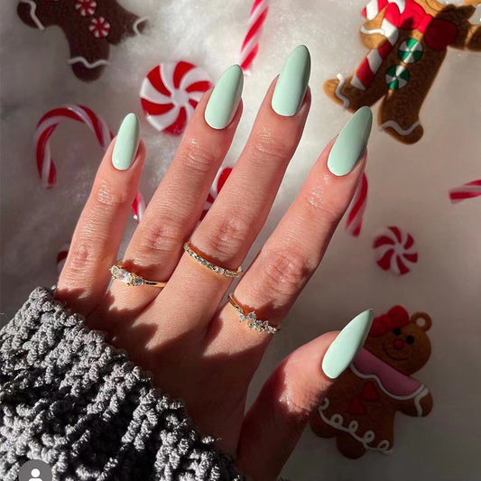 Winter Wonderland Long Almond Mint Green Glossy Press On Nail Set with Candy Cane Accents