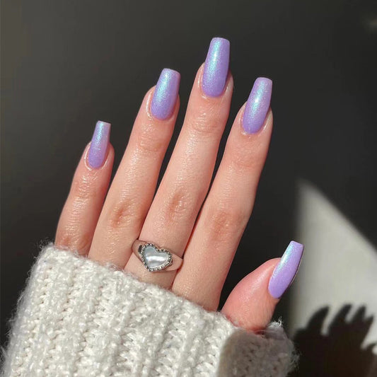 Enchanted Lavender Long Coffin Holographic Press On Nail Set for Stylish Nail Art Designs