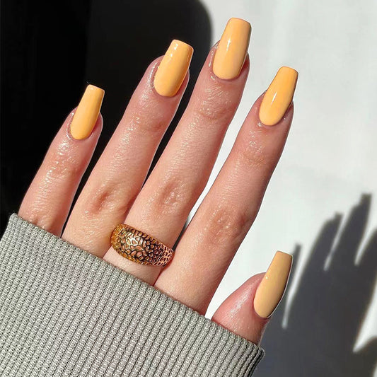 Summer Glow Long Square Mustard Yellow Press On Nails with Glossy Finish Set