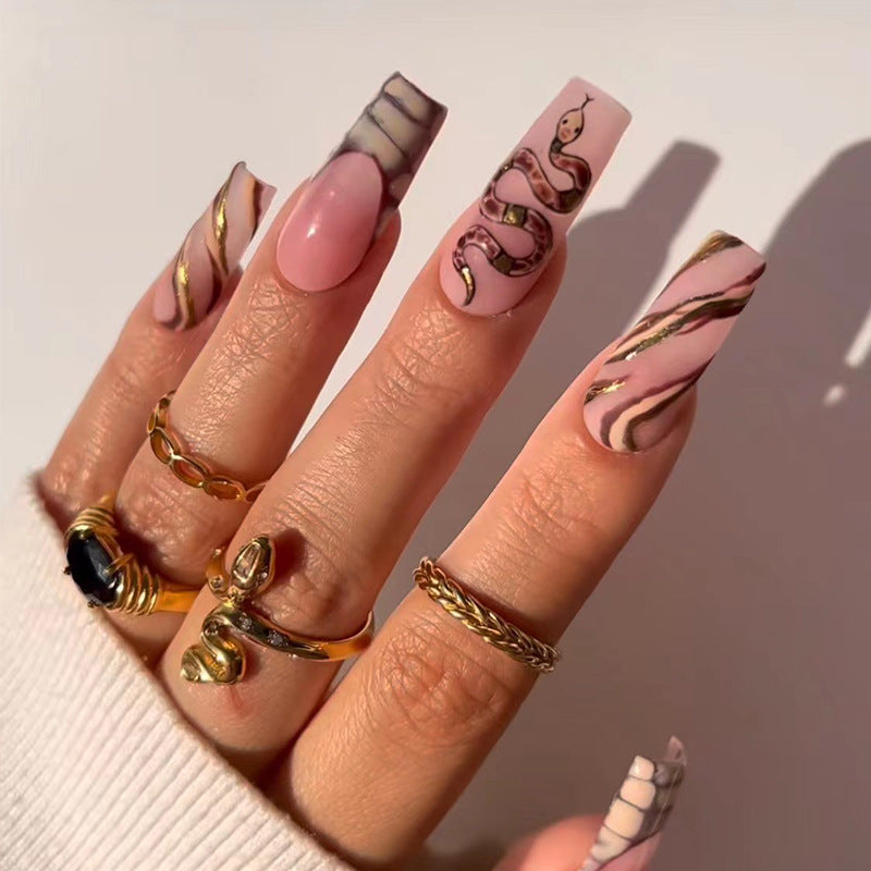 Climbing Vines Long Coffin Pink Snake Skin Press On Nails